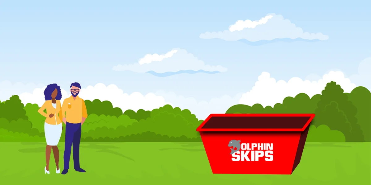 A man and woman stand beside a red 3 Cubic Metre Dolphin Skip Bin